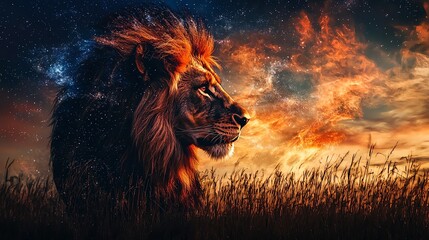 Naklejka premium Fiery lion silhouette against a dramatic sunset sky.