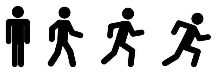 立つ、歩く、ランニング、速く走る人物のシンプルなアイコンセット
