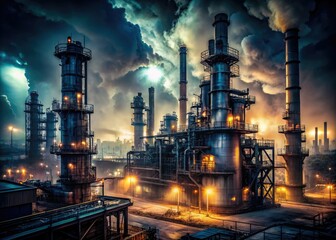 dramatic eerie refinery nightscape cinematic lighting misty atmosphere vector shapes abstract industrial forms rugged metal textures ominous mood