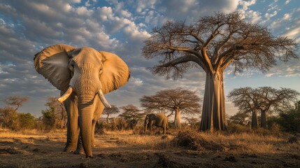 Obraz premium Elephant Standing in Front of a Baobab Tree in the African Savanna
