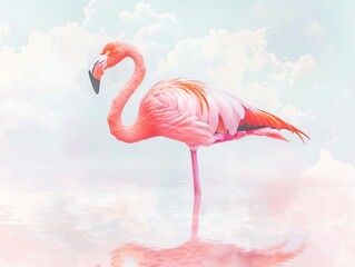 A single flamingo standing in shallow water with its reflection visible.