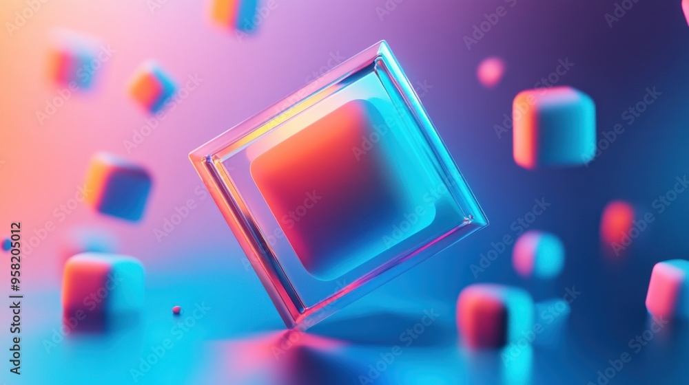 Poster glass cube floating in a neon gradient background