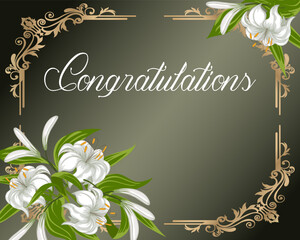 Postcard with lilies and text.Colored card with white lilies and text.