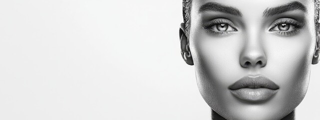  A monochrome image of a woman's face adorned with a crown atop her brow