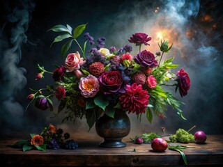 Obraz premium Moody dark floral still life with bold expressive brush strokes, mysterious border shrouded in mist, and dramatic chiaroscuro lighting in deep jewel tones.
