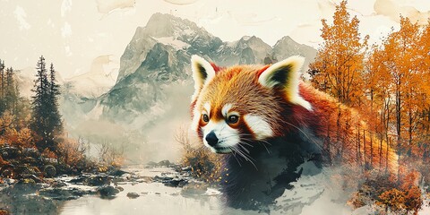 Red panda portrait with mountain and forest in background.