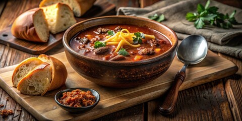 cozy winter evening beef and chili soup with crusty sourdough bread and melted cheddar cheese on vintage wooden spoon rest
