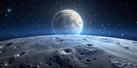 Moon surface with craters illuminated by starlight in a clear night sky, creating a serene and mystical atmosphere