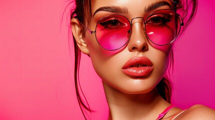 Obraz premium Close-up portrait of beautiful woman with pink sunglasses and perfect skin on pink background