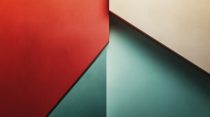 A bold geometric design featuring contrasting red, beige, and teal textured panels, creating a dynamic and modern visual composition.