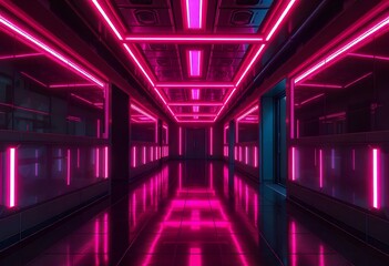 Fototapeta premium A dark futuristic hallway with a reflective tiled. Futuristic tunnel room with purple color light background