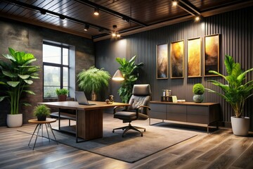 Fototapeta premium dramatic isolated office space sparse furniture contemporary art pieces single statement plant dark moody tones low key lighting sophisticated modern architecture