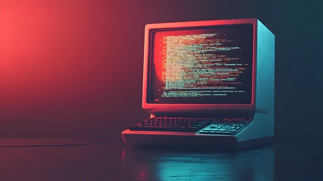 Glowing Computer Booting Up with Captivating Code Scrolling on Screen in Vibrant Pop Art Style