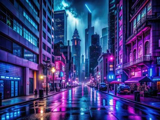 nocturnal cityscapes vibrant neon lights bustling streets moody high contrast low-key silhouettes stark architecture dramatic deep blues purples