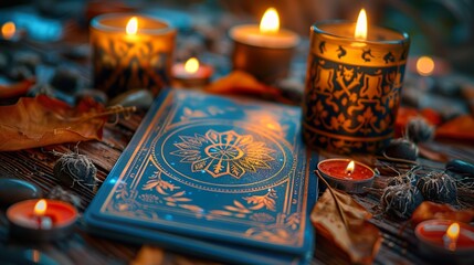 Props for a tarot session. Cards, candles, atmospheric lighting.