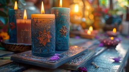 Props for a tarot session. Cards, candles, atmospheric lighting.