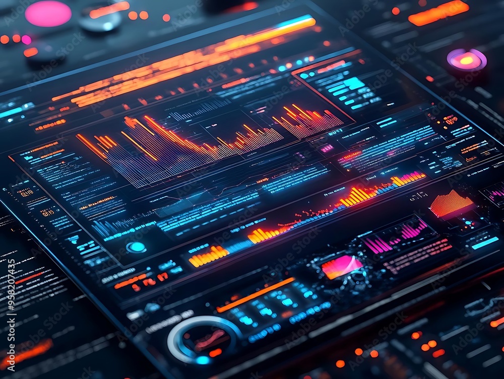 Poster futuristic digital interface with colorful charts and data - 3d illustration