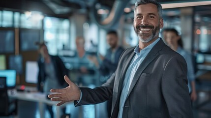 Obraz premium A man in a suit is smiling and giving a thumbs up