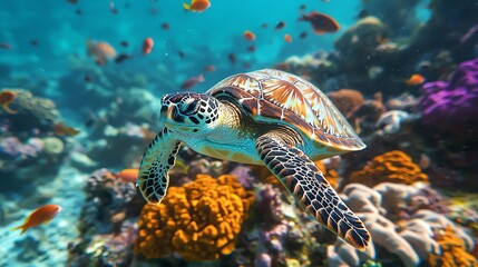Fototapeta premium Vibrant underwater scene featuring a sea turtle gliding gracefully among colorful corals and tropical fish.