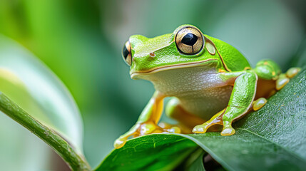 A green frog is sitting on a leaf