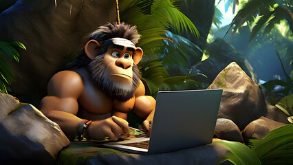 Stone Age Cartoon Character Realistic 3D Man Drinking Coconut in Jungle 4K