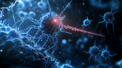 Abstract illustration of a cancer cell attacking healthy cells.