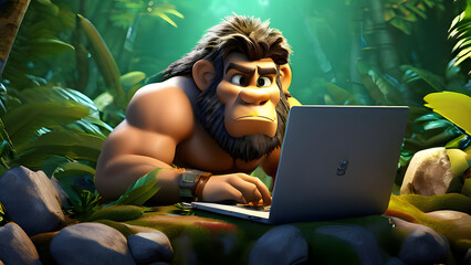 Stone Age Cartoon Character Realistic 3D Man Drinking Coconut in Jungle 4K