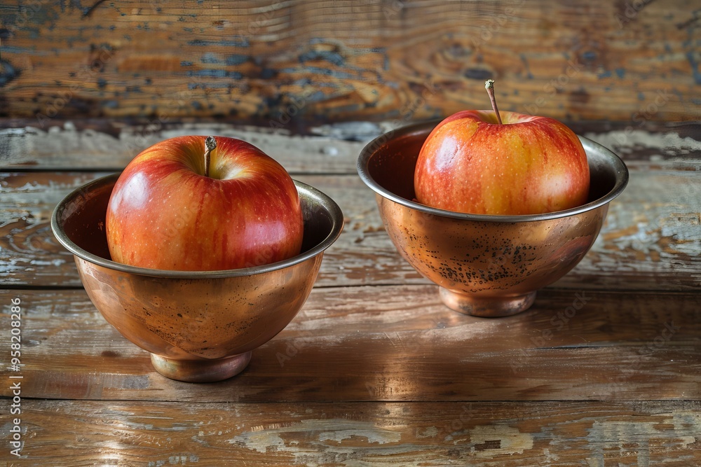 Poster two red apples sitting in copper bowls on a rustic wooden table, creating a warm and inviting atmosp