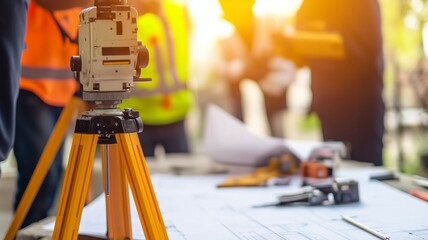 Survey engineer team working with theodolite and road construction drawing paper Civil engineer surveyor workers are taking measurements with surveying instruments during construction.