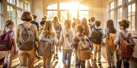 morning rush hour bustling energy happy chatter overflowing school backpacks worn ceramic tiles soft morning light warm beige tones loving family chaos