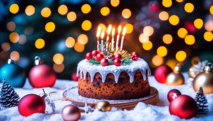 Christmas cake with decorations for New Year's holidays, beautiful background, winter fairy tale