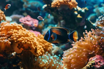 Tropical fish is swimming in the middle of a coral reef