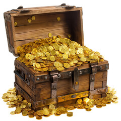Glittering pirate treasure chest overflowing with gold coins and jewels, set against a clear backdrop. Radiant gems and coins spill from the intricately crafted chest, evoking a world of adventure 