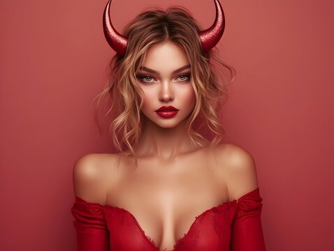 Alluring Devil Woman in Red Costume with Horns Posing for Editorial Portrait