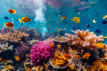 Underwater scene showing a variety of colorful fish swimming around a coral reef © ylivdesign