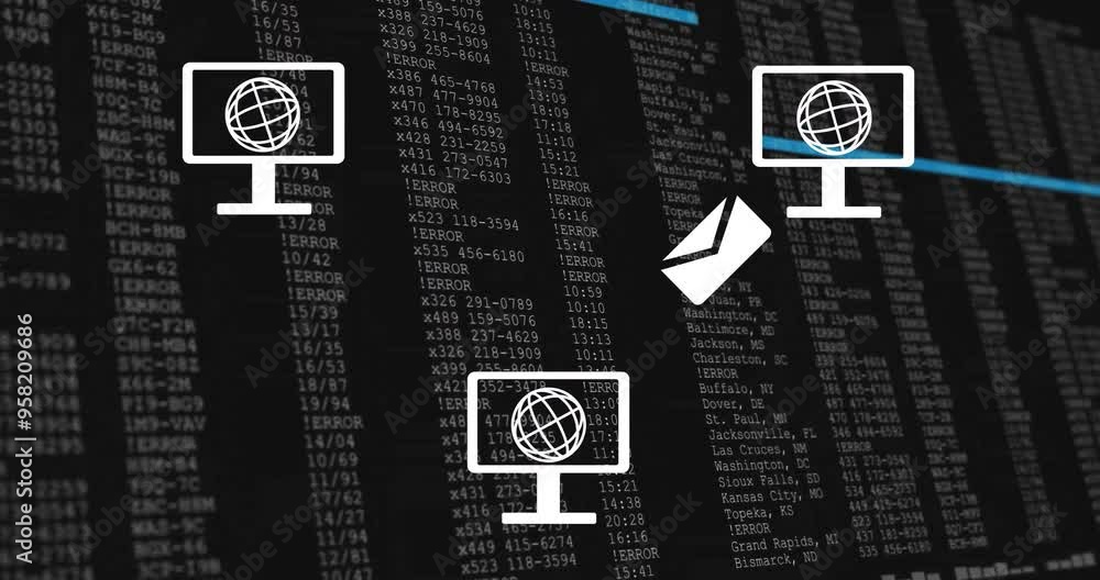 Poster computer network icons animation over data processing screen with code