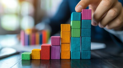Businessman building a colorful block staircase on a desk, symbolizing growth, progress, and success in business and strategy.