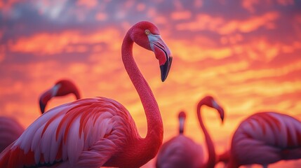 Pink Flamingo Profile Against Vibrant Sunset Sky
