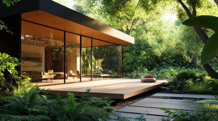 Fototapeta premium modern house, glass facade, wooden deck, tropical garden, zen garden, outdoor furniture, contemporary architecture, realistic lighting, vibrant green foliage, minimalistic design, ultra-realistic phot