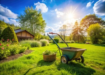 garden renovation transformation old mower new wheelbarrow fresh green grass blue sky warm sunny afternoon happy feelings rebirth renewal process