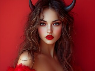 Obraz premium Captivating Devil Inspired Portrait of a Mysterious and Alluring Woman