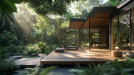 modern house, glass facade, wooden deck, tropical garden, zen garden, outdoor furniture, contemporary architecture, realistic lighting, vibrant green foliage, minimalistic design, ultra-realistic phot