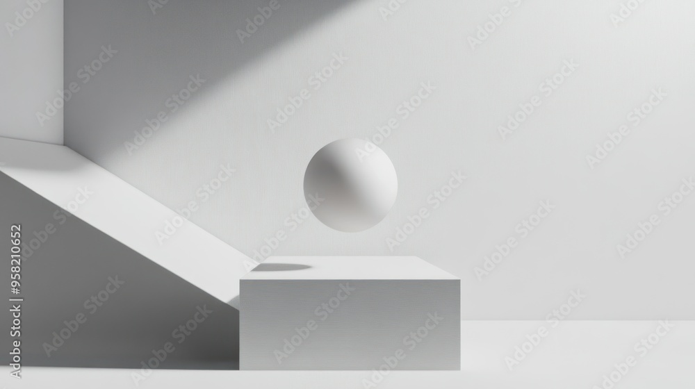 Poster White Sphere Hovering Above a White Platform in a Minimalist Setting