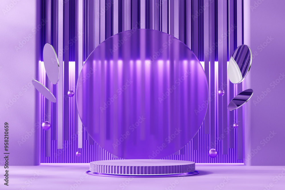 Poster violet stage platform with neon light for product display 3d rendering