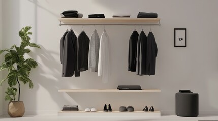 Fototapeta premium Minimalist Closet with Black Suits, White Shirt, and Wooden Shelves