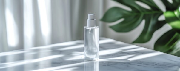 Minimalist cleanser bottle on marble counter with soft natural light, emphasizing purity and simplicity, Cleanser Product, Digital Marketing