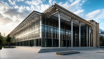 Obraz premium Modern Glass and Stone Office Building with Metal Canopy