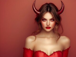 Naklejka premium Captivating Devil Woman in Red Halloween Costume with Horns