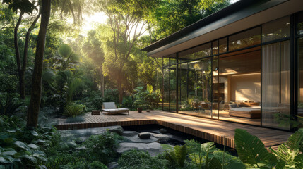 modern house, glass facade, wooden deck, tropical garden, zen garden, outdoor furniture, contemporary architecture, realistic lighting, vibrant green foliage, minimalistic design, ultra-realistic phot