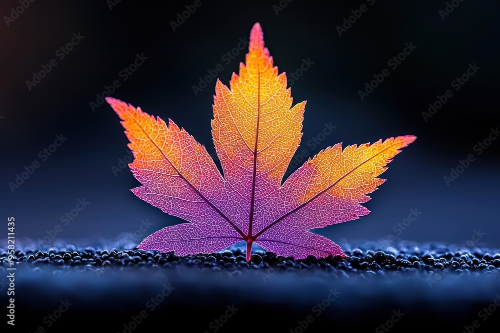 Wall mural purple and orange maple leaf on dark surface macro